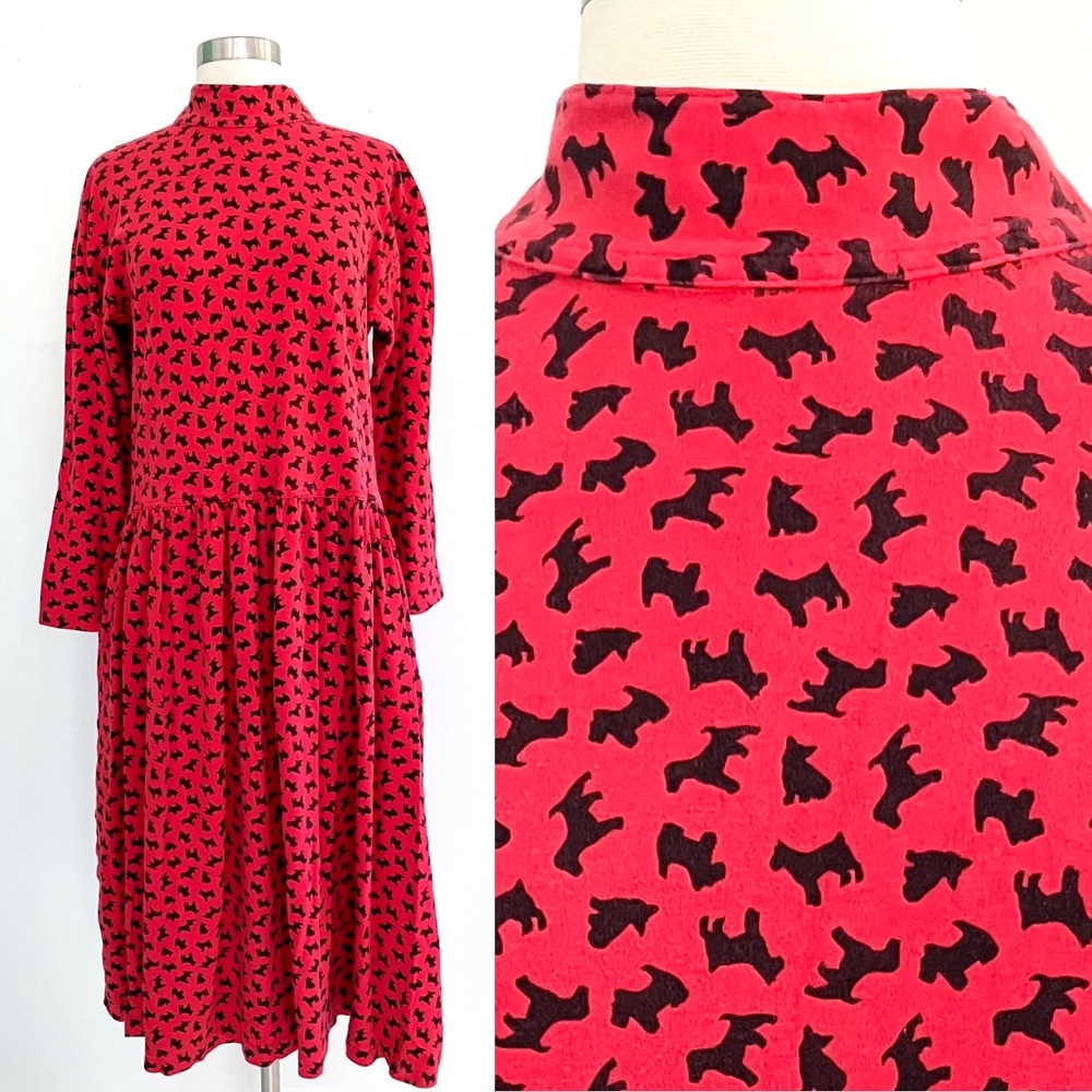 Vintage 80’s red & black puppy dogs cotton long sleeve cottagecore dress